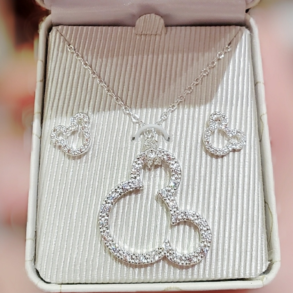 DISNEY MICKEY CRYSTAL HEAD NECKLACE EARRINGS SET - Picture 1 of 4